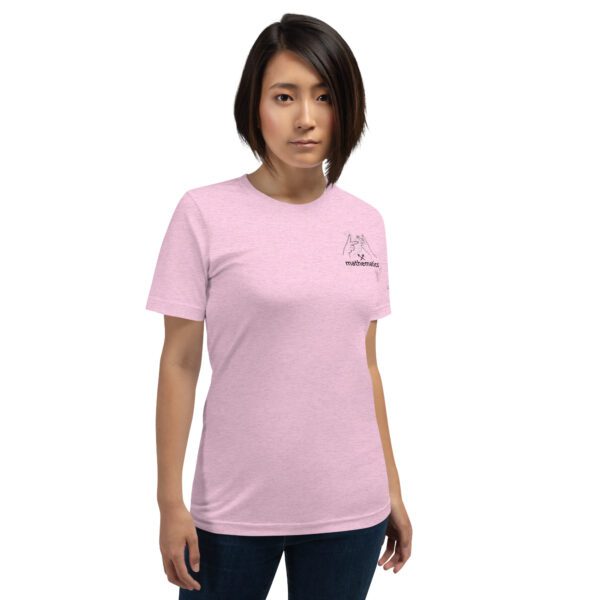 Female model wearing lilac shirt with "mathematics" and an illustration of how to sign mathematics is on the upper left chest