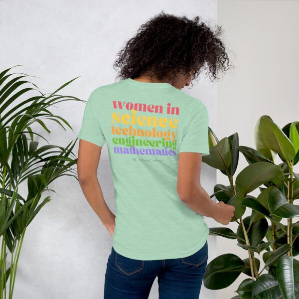 Mint shirt with "women in science, technology, engineering, mathematics" and Atomic Hands logo.