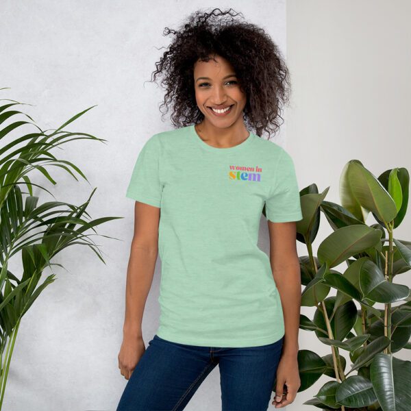 Mint Shirt with "women in stem" in colors on the left chest