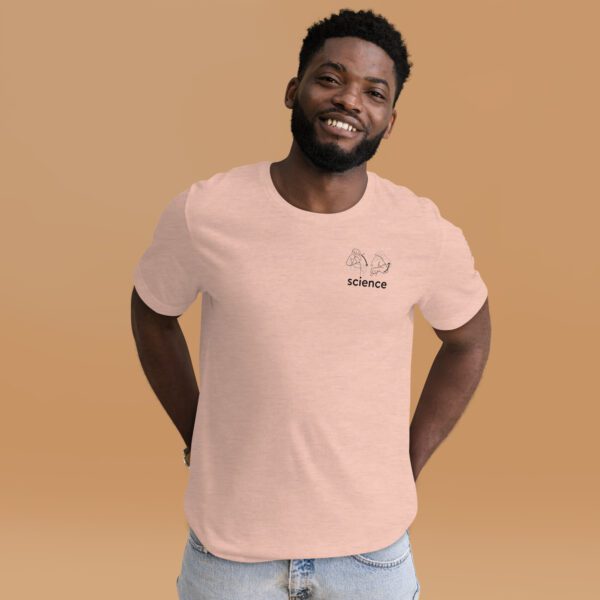 Male model wearing peach shirt with "science" and an illustration of how to sign science is on the upper left chest