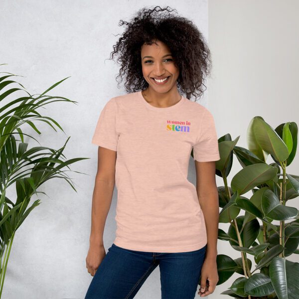 Peach Shirt with "women in stem" in colors on the left chest
