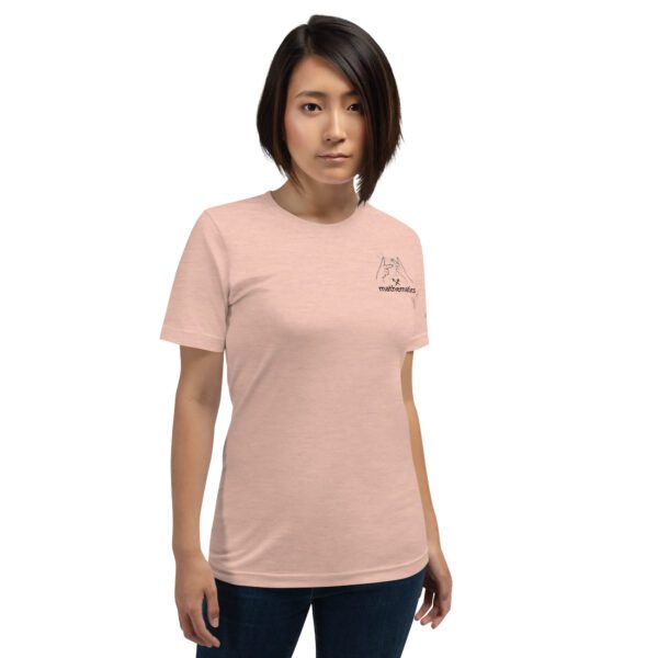 Female model wearing peach shirt with "mathematics" and an illustration of how to sign mathematics is on the upper left chest