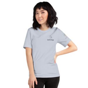 Female model wearing light blue shirt with "technology" and an illustration of how to sign technology is on the upper left chest