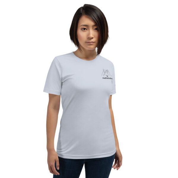 Female model wearing light blue shirt with "mathematics" and an illustration of how to sign mathematics is on the upper left chest