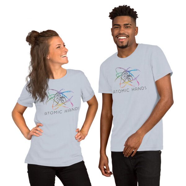 Female and male model wearing light blue shirt with atomic hands logo fully across the chest
