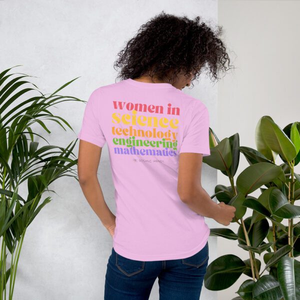 Lilac shirt with "women in science, technology, engineering, mathematics" and Atomic Hands logo.
