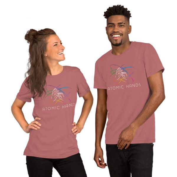 Female and male model wearing mauve shirt with atomic hands logo fully across the chest