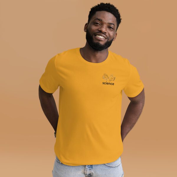 Male model wearing mustard shirt with "science" and an illustration of how to sign science is on the upper left chest