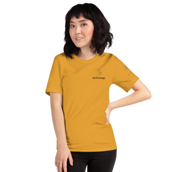 Female model wearing mustard shirt with "technology" and an illustration of how to sign technology is on the upper left chest