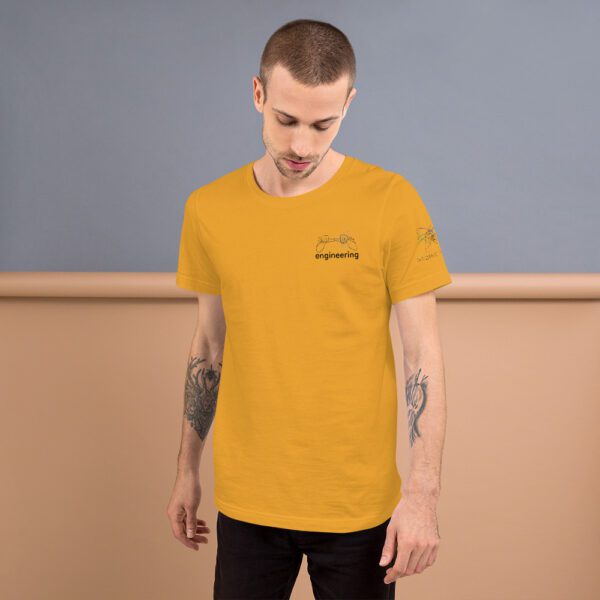 Male model wearing mustard shirt with "engineering" and an illustration of how to sign engineering is on the upper left chest