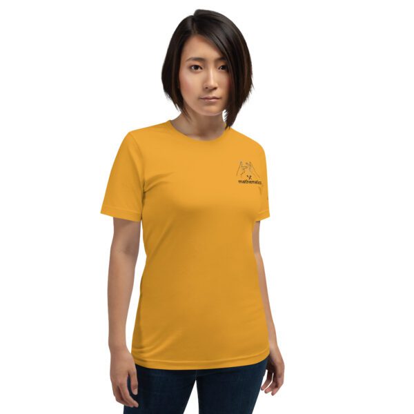 Female model wearing mustard shirt with "mathematics" and an illustration of how to sign mathematics is on the upper left chest