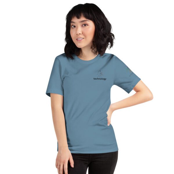 Female model wearing steel blue shirt with "technology" and an illustration of how to sign technology is on the upper left chest