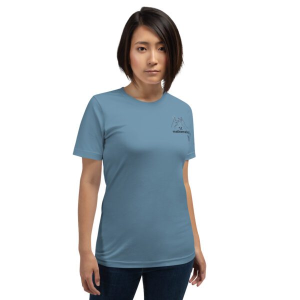 Female model wearing steel blue shirt with "mathematics" and an illustration of how to sign mathematics is on the upper left chest
