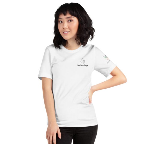 Female model wearing white shirt with "technology" and an illustration of how to sign technology is on the upper left chest