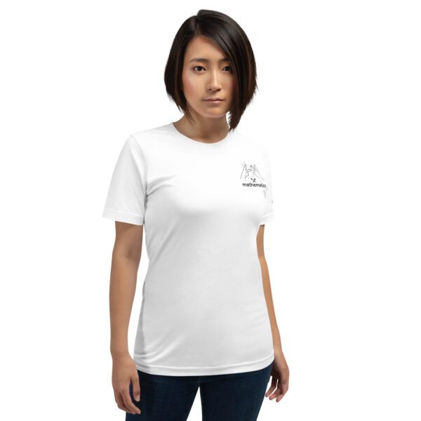 Female model wearing white shirt with "mathematics" and an illustration of how to sign mathematics is on the upper left chest
