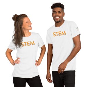 Female and male models are wearing a white shirt with orange "STEM" with ASL signs for each letter of STEM