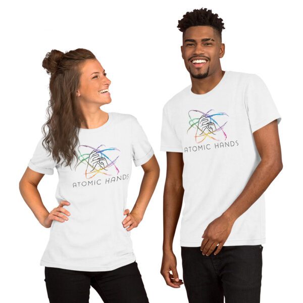 Female and male model wearing white shirt with atomic hands logo fully across the chest