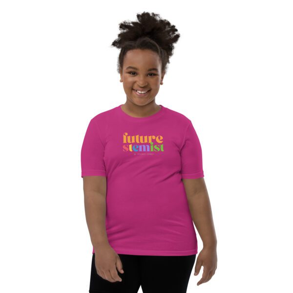Youth model wearing a pink Future STEMist Shirt