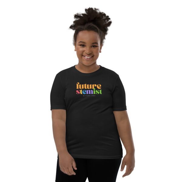 Youth model wearing a black Future STEMist Shirt