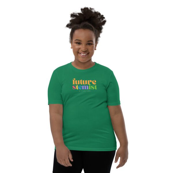 Youth model wearing a green Future STEMist Shirt
