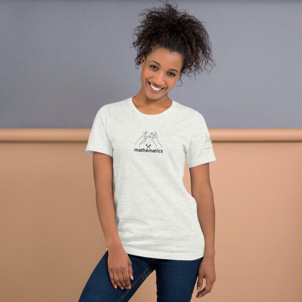 Female model wearing ash shirt with "mathematics" and an illustration of how to sign mathematics is on the chest