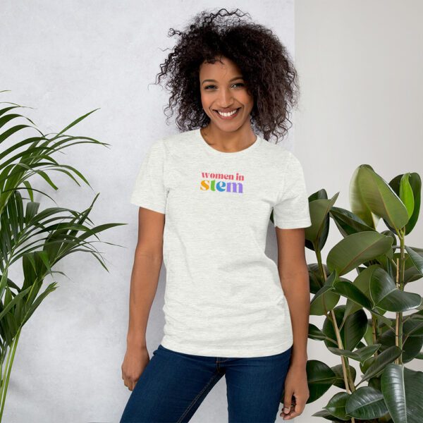 Ash shirt with "women in stem" in colors on the chest