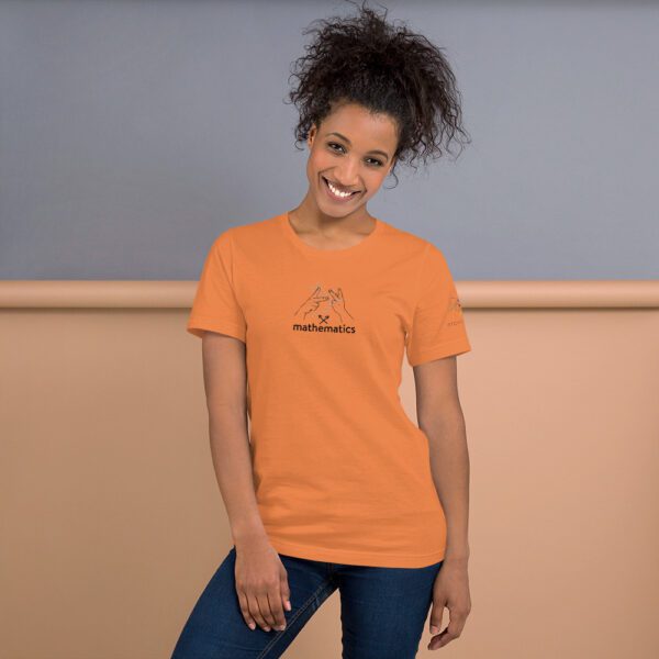Female model wearing orange shirt with "mathematics" and an illustration of how to sign mathematics is on the chest