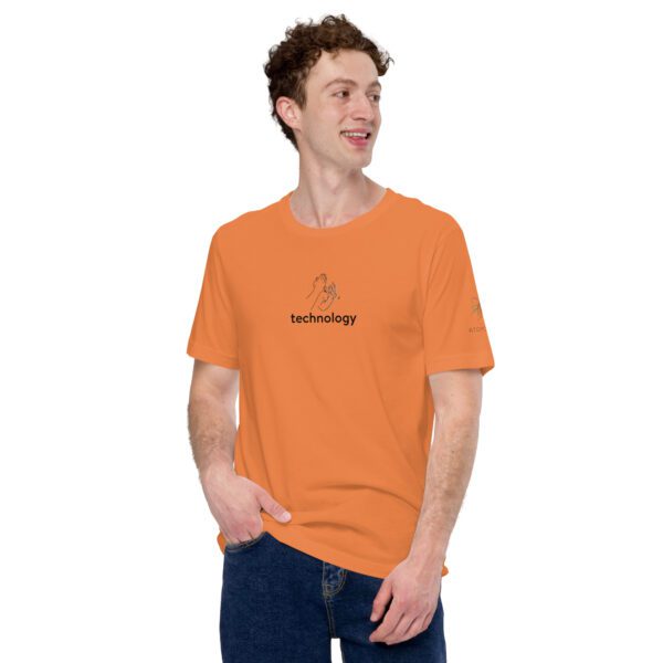 Male model wearing orange shirt with "technology" and an illustration of how to sign technology is on the chest