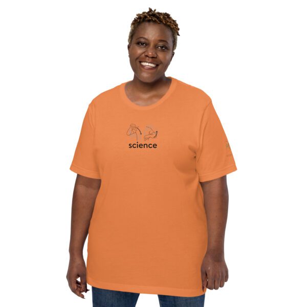 Female model wearing orange shirt with "science" and an illustration of how to sign science is on the chest