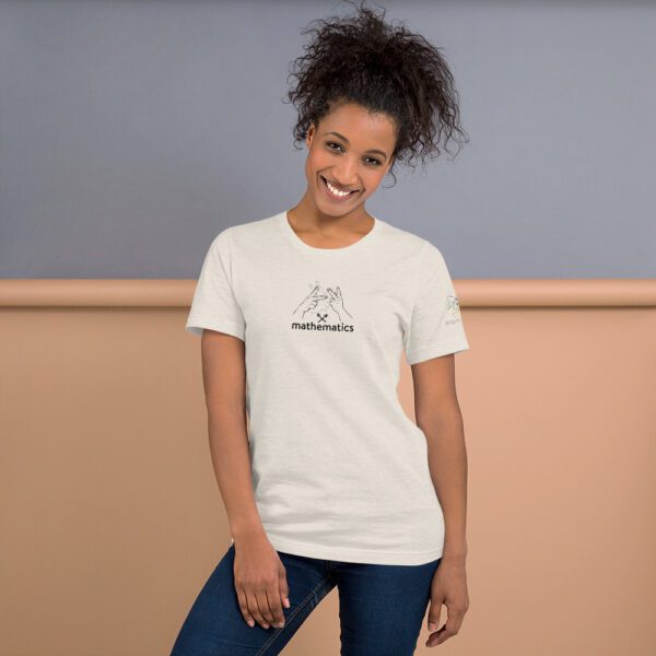 Female model wearing dust shirt with "mathematics" and an illustration of how to sign mathematics is on the chest