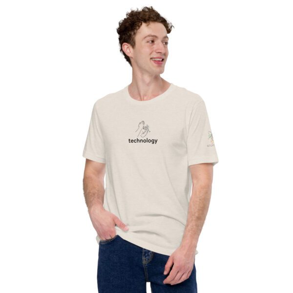 Male model wearing dust shirt with "technology" and an illustration of how to sign technology is on the chest