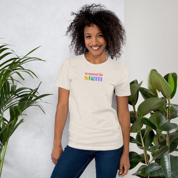 Dust shirt with "women in stem" in colors on the chest