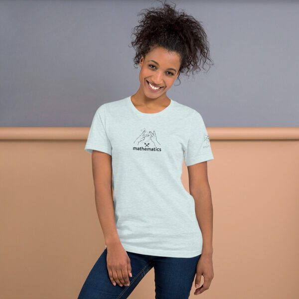 Female model wearing blue shirt with "mathematics" and an illustration of how to sign mathematics is on the chest