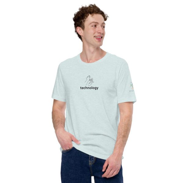 Male model wearing ice blue shirt with "technology" and an illustration of how to sign technology is on the chest