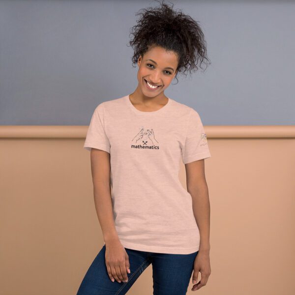 Female model wearing peach shirt with "mathematics" and an illustration of how to sign mathematics is on the chest