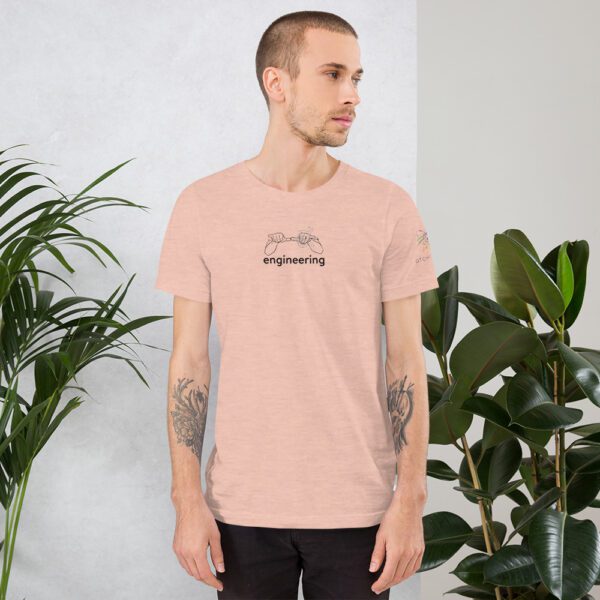 Male model wearing peach shirt with "engineering" and an illustration of how to sign engineering is on the chest