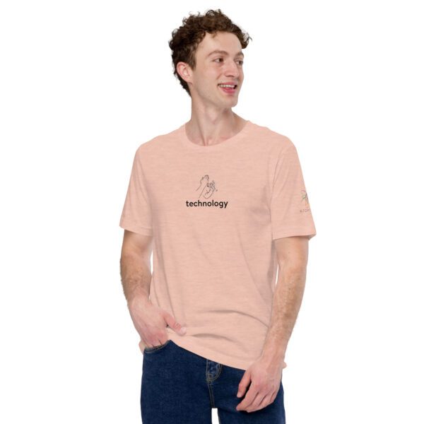 Male model wearing peach shirt with "technology" and an illustration of how to sign technology is on the chest