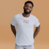 Light blue shirt with "deaf in stem" in colors on the chest
