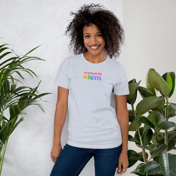 Light Blue shirt with "women in stem" in colors on the chest