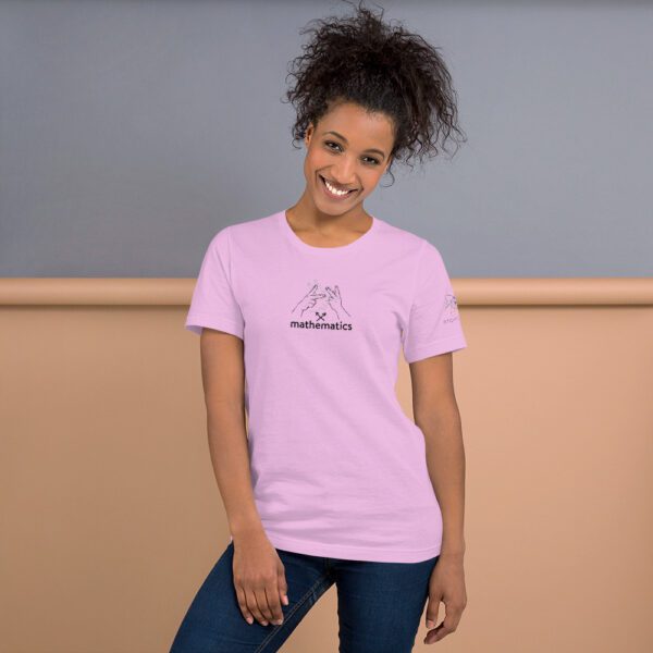 Female model wearing lilac shirt with "mathematics" and an illustration of how to sign mathematics is on the chest
