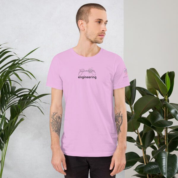Male model wearing lilac shirt with "engineering" and an illustration of how to sign engineering is on the chest