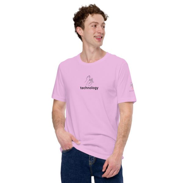 Male model wearing lilac shirt with "technology" and an illustration of how to sign technology is on the chest