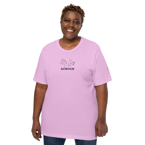 Female model wearing lilac shirt with "science" and an illustration of how to sign science is on the chest