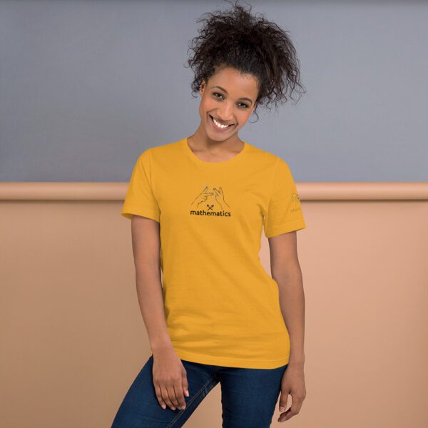 Female model wearing mustard shirt with "mathematics" and an illustration of how to sign mathematics is on the chest