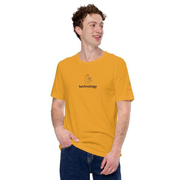 Male model wearing mustard shirt with "technology" and an illustration of how to sign technology is on the chest