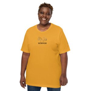 Female model wearing mustard shirt with "science" and an illustration of how to sign science is on the chest