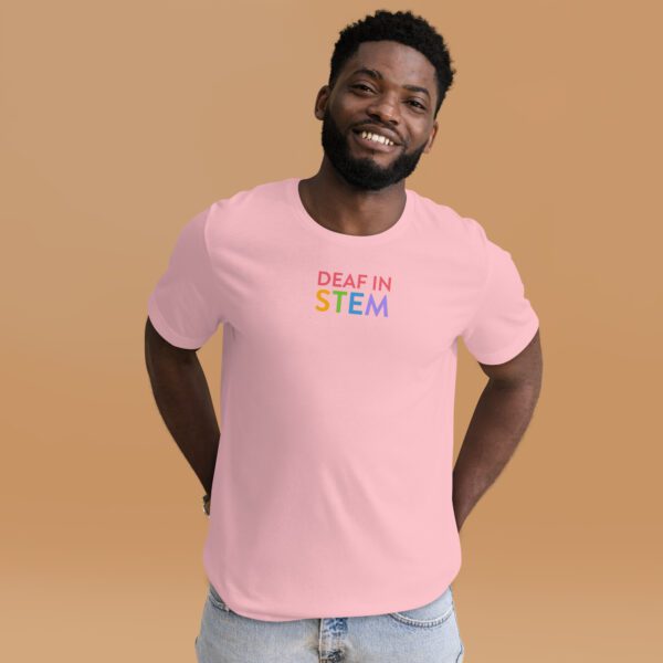 Pink shirt with "deaf in stem" in colors on the chest
