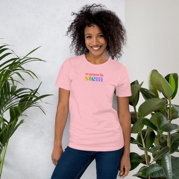 Pink shirt with "women in stem" in colors on the chest