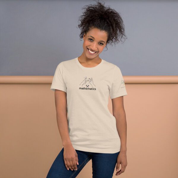 Female model wearing cream shirt with "mathematics" and an illustration of how to sign mathematics is on the chest