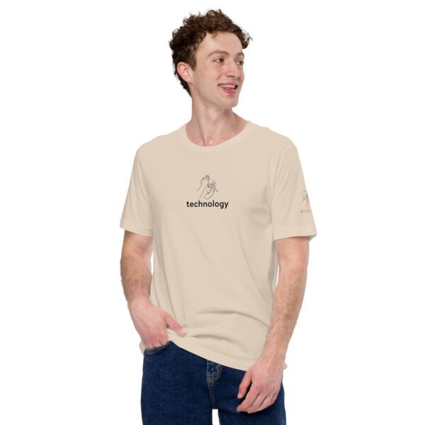 Male model wearing cream shirt with "technology" and an illustration of how to sign technology is on the chest
